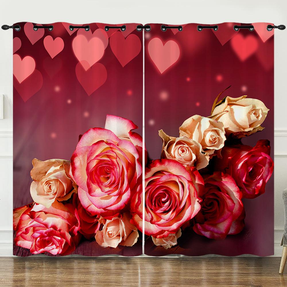 Curtains Flowers Roses Plants Flowers 3D Digital Printing Blackout Curtain Punching