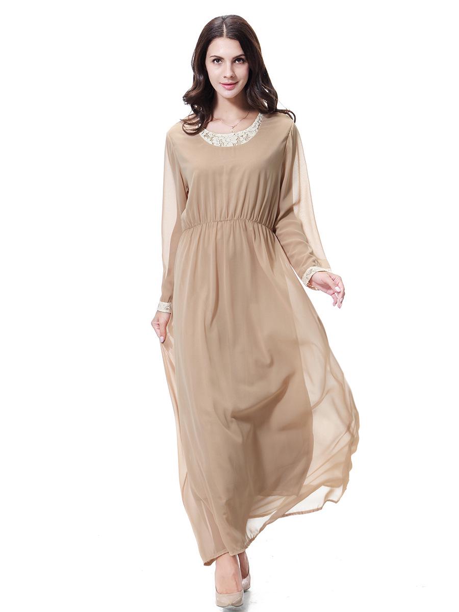 

Women s Chiffon Lace Maxi Dress with Round Neck and Long Sleeves, TH923 L верблюд