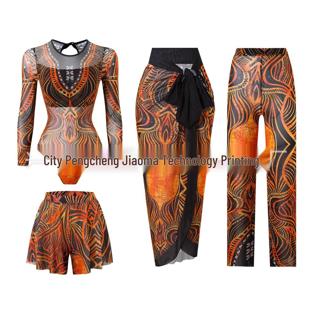 Vierteiliger Damen-Badeanzug mit langen Ärmeln, Netzstoff, Sonnenschutz und Hose