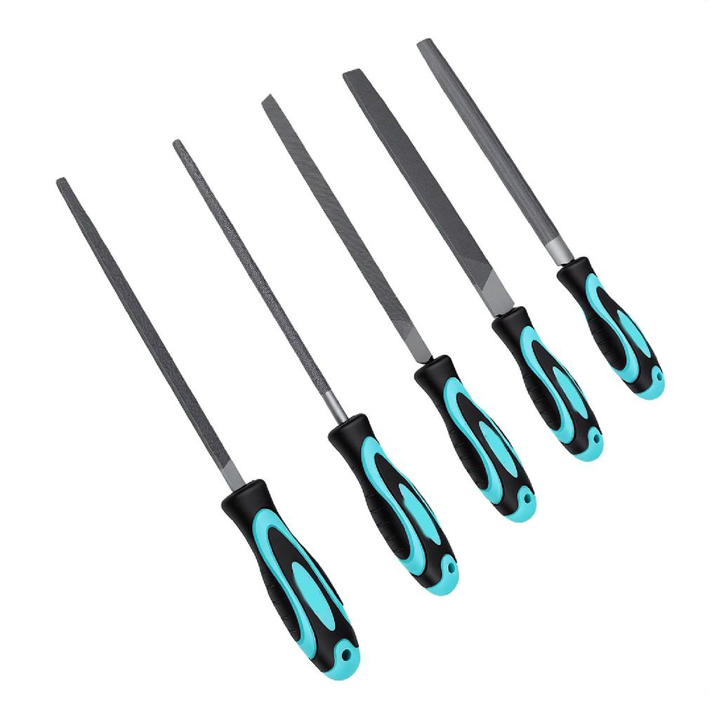 5 Pcs File Set Flat Round Half Round Triangle Square Files with Rubber Grip Handle for Woodworking Metalworking