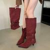 Mi Ting 2025 new two-wear pointed-toed thin-heeled high boots women's suede folds piled up boots but knee belt buckle