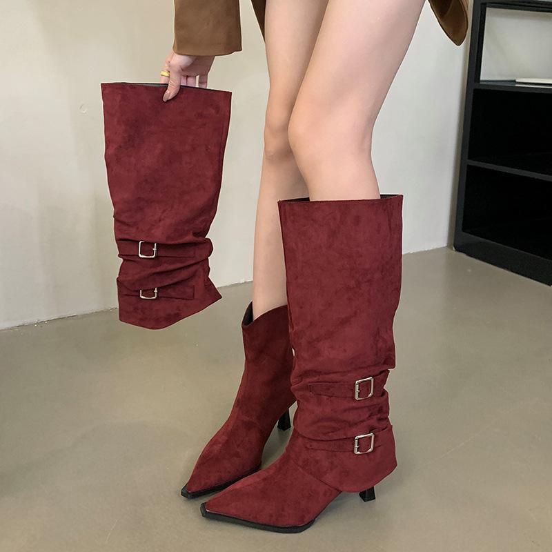 Mi Ting 2025 new two-wear pointed-toed thin-heeled high boots women's suede folds piled up boots but knee belt buckle