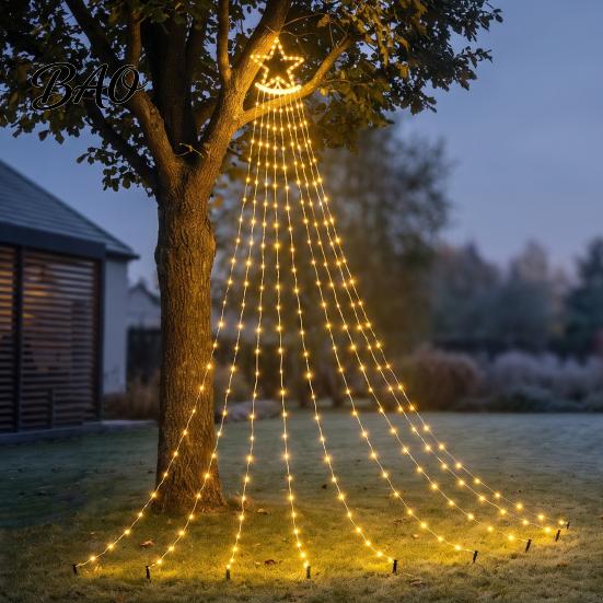 Durable Waterproof LED Strips Solar Christmas Tree Waterfall Light, 11.5FT 346 Powered String Light Hanging Lights with Star Moon Topper for