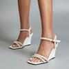 Fashion FHC Women's Wedges High Heeled Sandals,Fashion Pearls Strap Summer Shoes,Ankle Buckle,Open Square Toe,White,Dropship