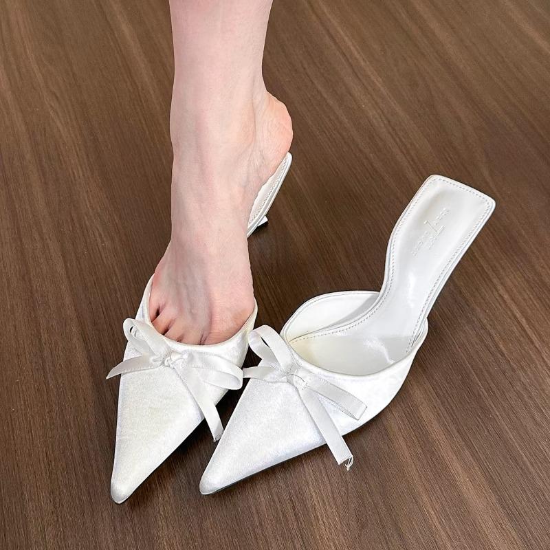 2024 Fashion Solid Color Pointed Toe Hot Selling Versatile Women's Slippers Baotou Bow Decorated Stiletto Heels Women's Shoes