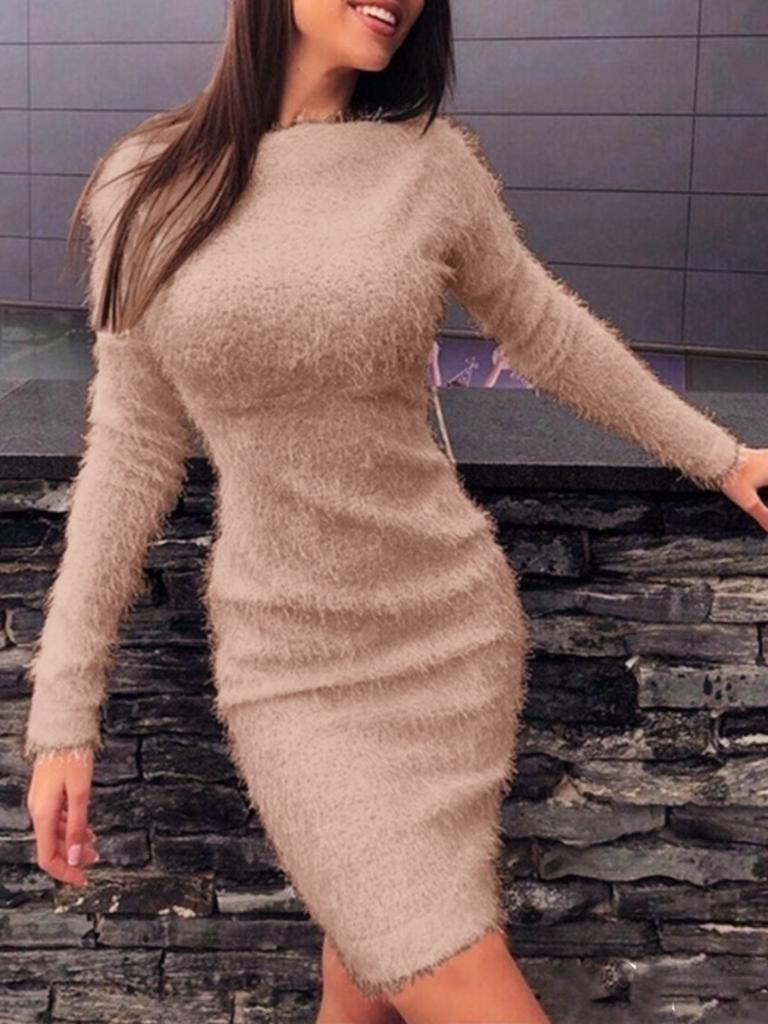 Fur Sexy Bodycon Long Sleeve Dress for Women - Fall/Winter