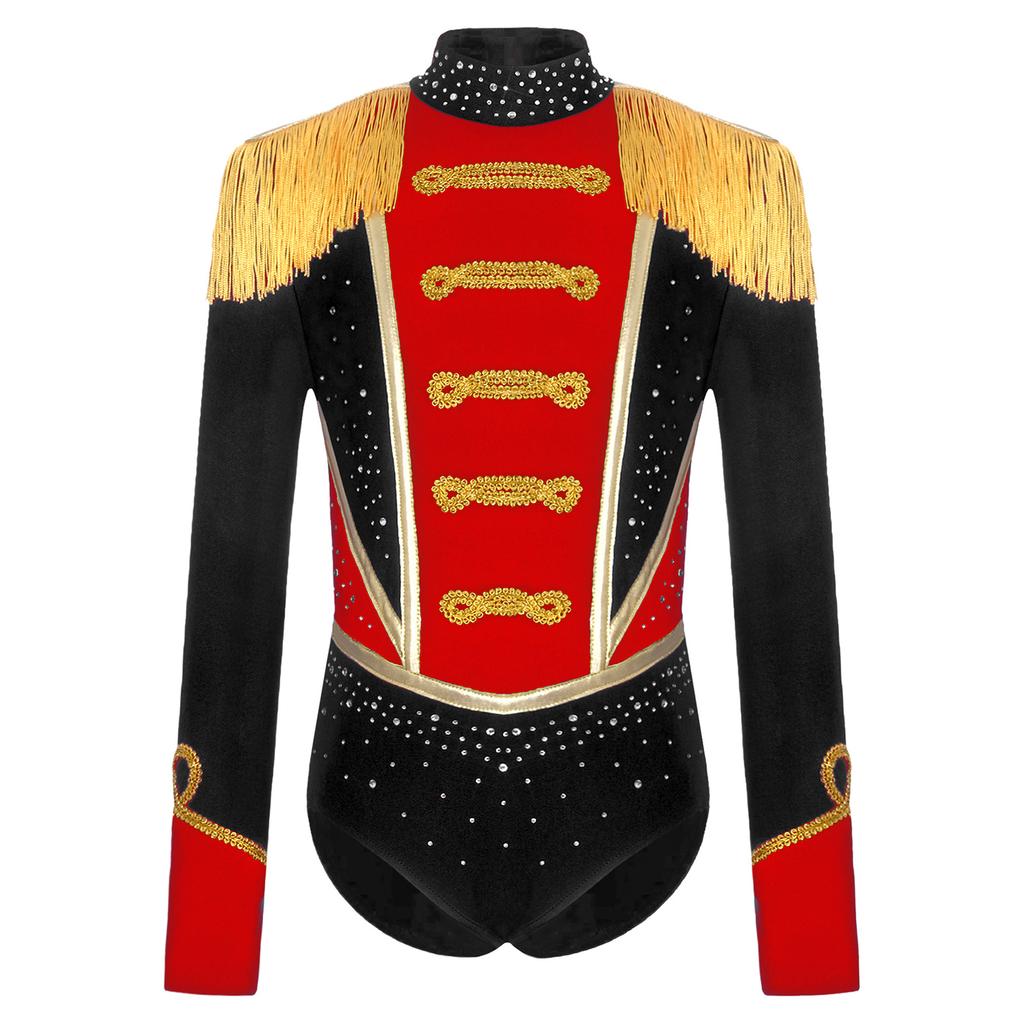 Leotard da Circo per Bambina Strass Manica Lunga Spalline Frangiate Tinta Unita Tuta Costume di Carnevale