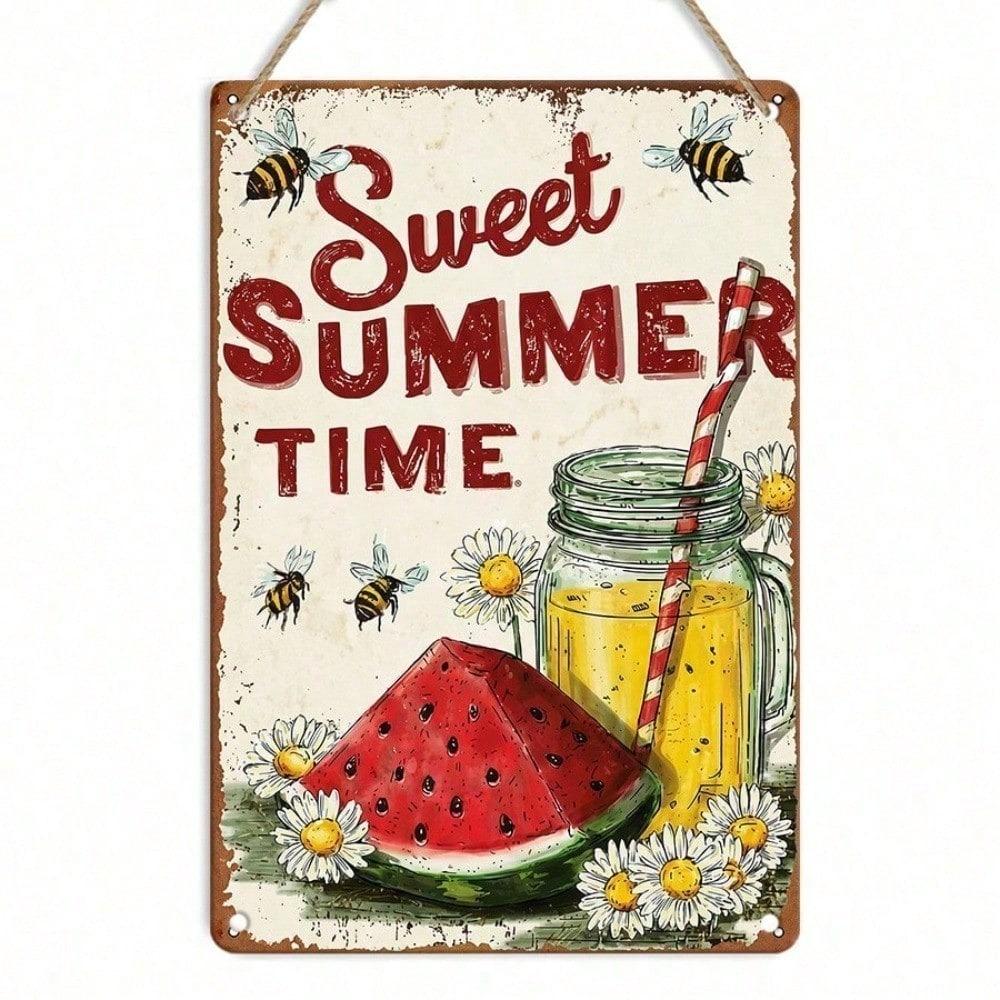 1PC Vintage Metal Tin Sign, Sweet Summer Time Retro Watermelon Lemonade Plaque, Sturdy Farmhouse Wall Art, 8x12 Inch