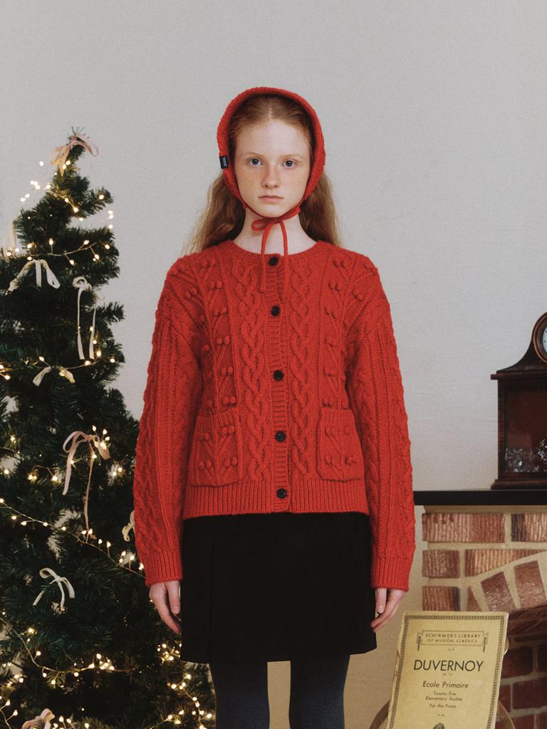 CLUNY Pompom Cable Knit Cardigan - Red