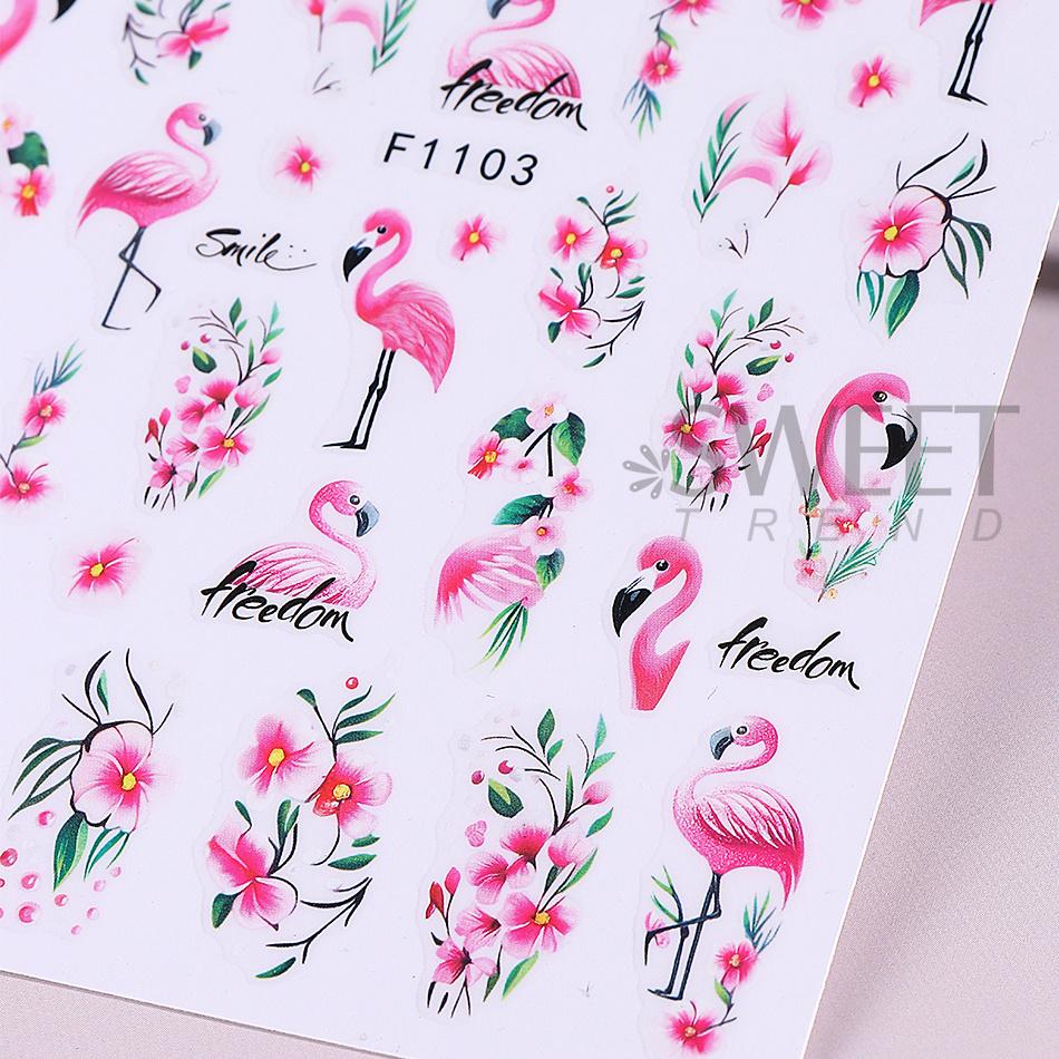 3pcs Pink Flamingo Nail Stickers Flamingo Flowers Leaves Self-Adhesive Nail Decals Slider DIY Manicure Decor Accessories