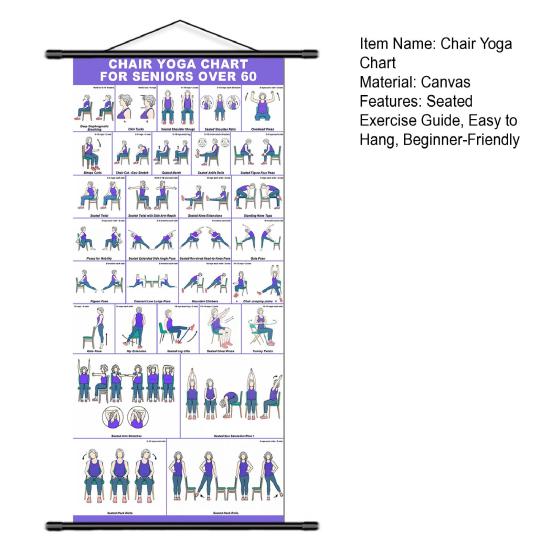 Chair Yoga Wall Chart, Canvas Poster with Hanging Rod And Rope, Chair Yoga Chart for Seniors Beginners Home Stretching Mobility Guide