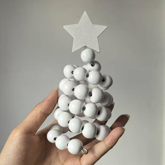 Nordic Wooden Spiral Christmas Tree Ornament Rustic Beaded Boho Christmas Tree Figurine for Home Office Farmhouse Centerpiece