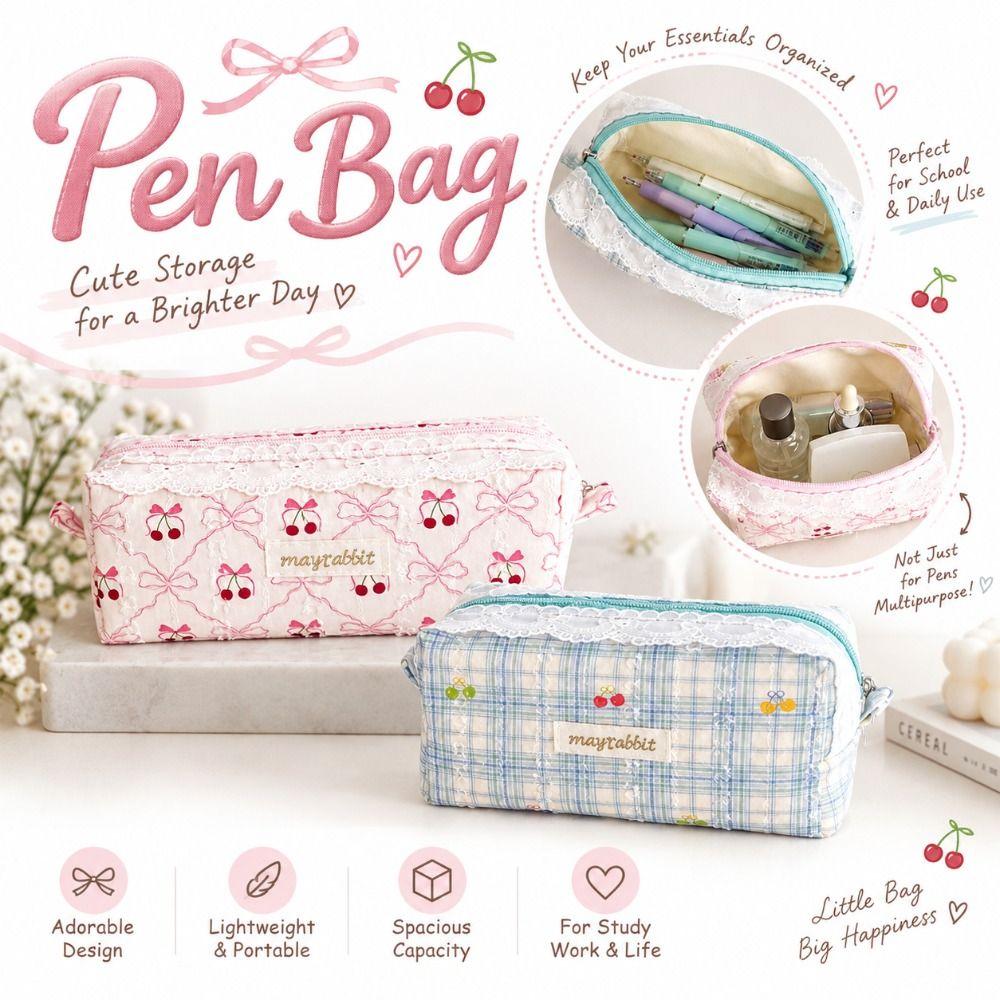 Lace Trim Pen Pouch Large Capacity Zipper Storage Bag Cute Cosmetic Pouch Makeup Storage