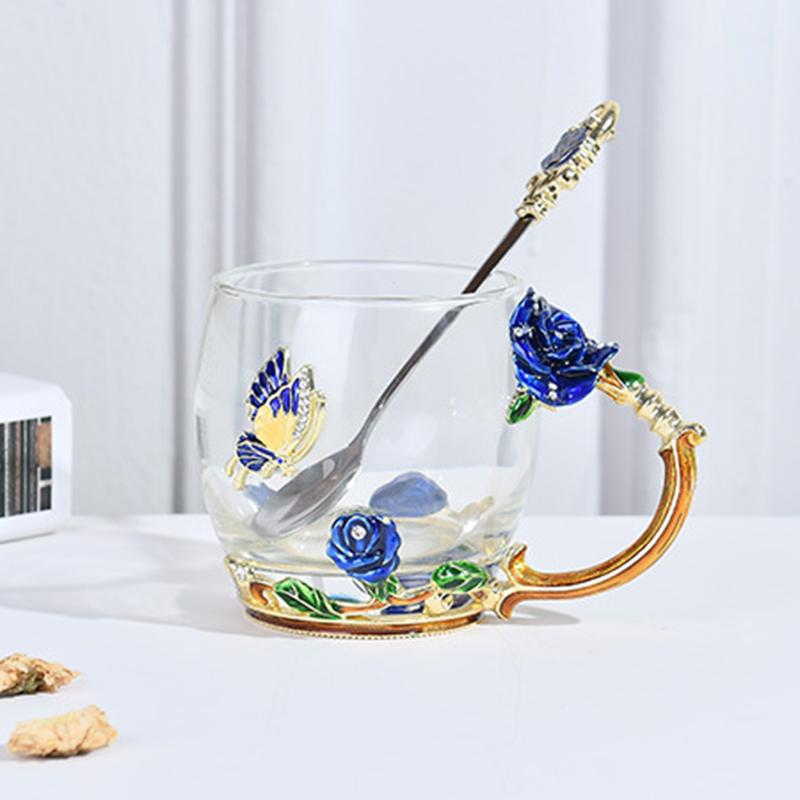 Rose Flower Cup Enamel Water Cup Heat-resistant Glass Cup Enamel Coffee Tea Cup Mug 3D Rose Butterfly Glass Cups Wedding Gift