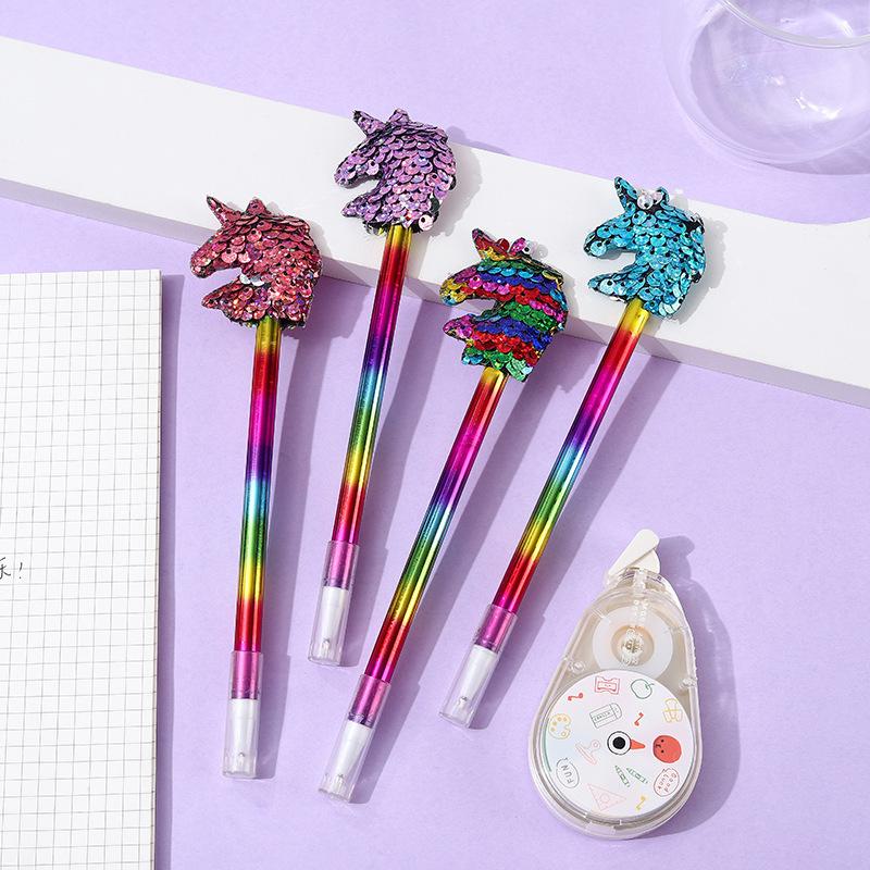 15Pcs Sequined Animals Theme Neutral Pens, Random Mixed, Black Ink Pens, Cartoon Unicorn Series Office Stationery Gift, Smooth Writing, Suitable f