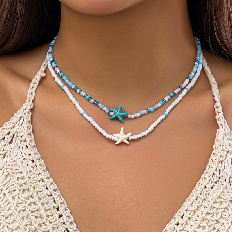

Bohemian Double Seed Bead Chain Clavicle Necklace For Women Vintage Acrylic Turtle Starfish Pendant Choker Beach Zircon