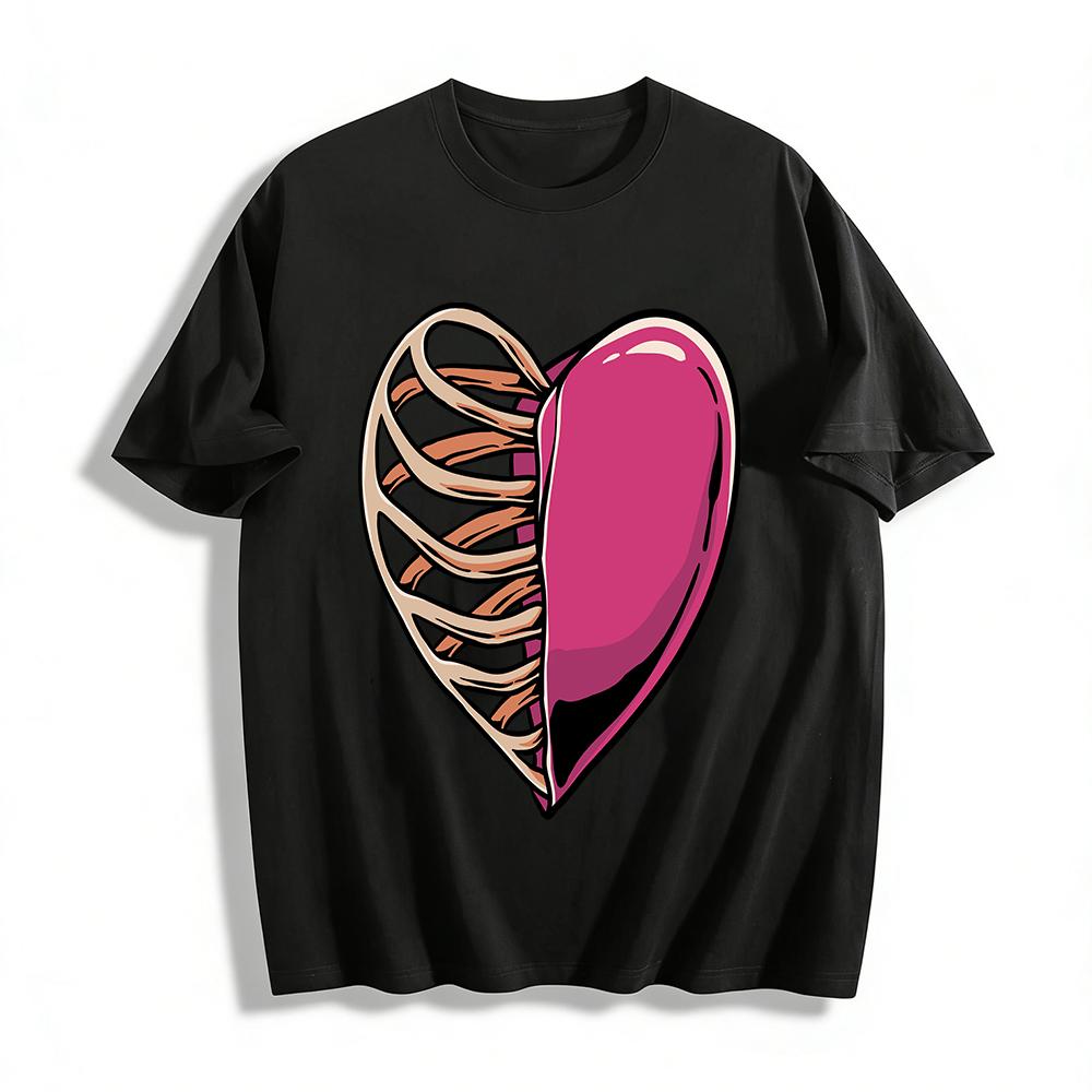 

Half Rib Heart Print Edgy Cool Casual Top Pure cotton T-shirt XXS