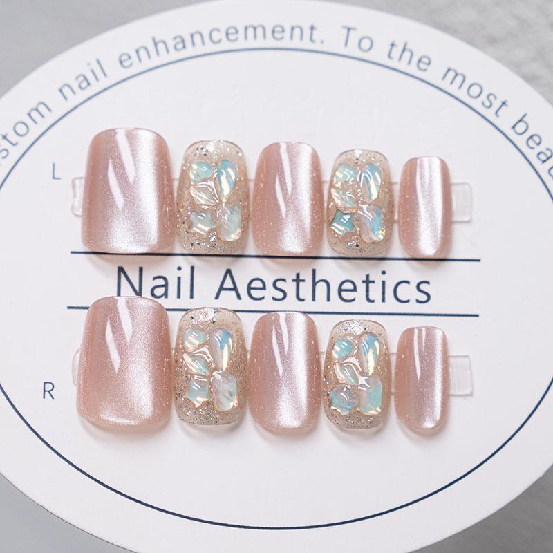 24pcs Pink Cat Eye Fake Nails Glitter Fashion False Nail Patch For Lady Women Wearable Manicure DIY Art Almond Press On Nails