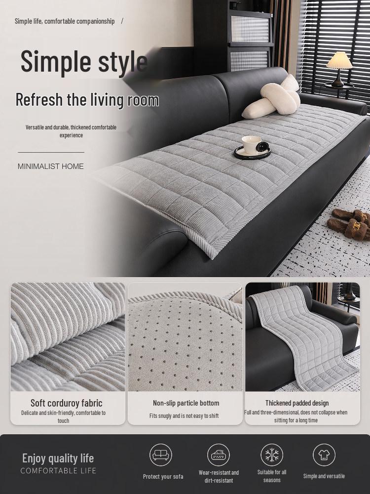 2026 New Thickened Corduroy & Leather Non-Slip Sofa Cushion Cover for Autumn/Winter