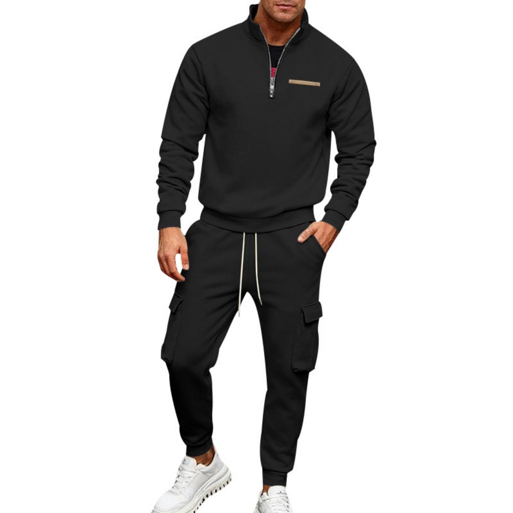 Men's Half-Zip Stand Collar Sweatshirt Set with Cargo Multi-Pocket Jogger Pants
