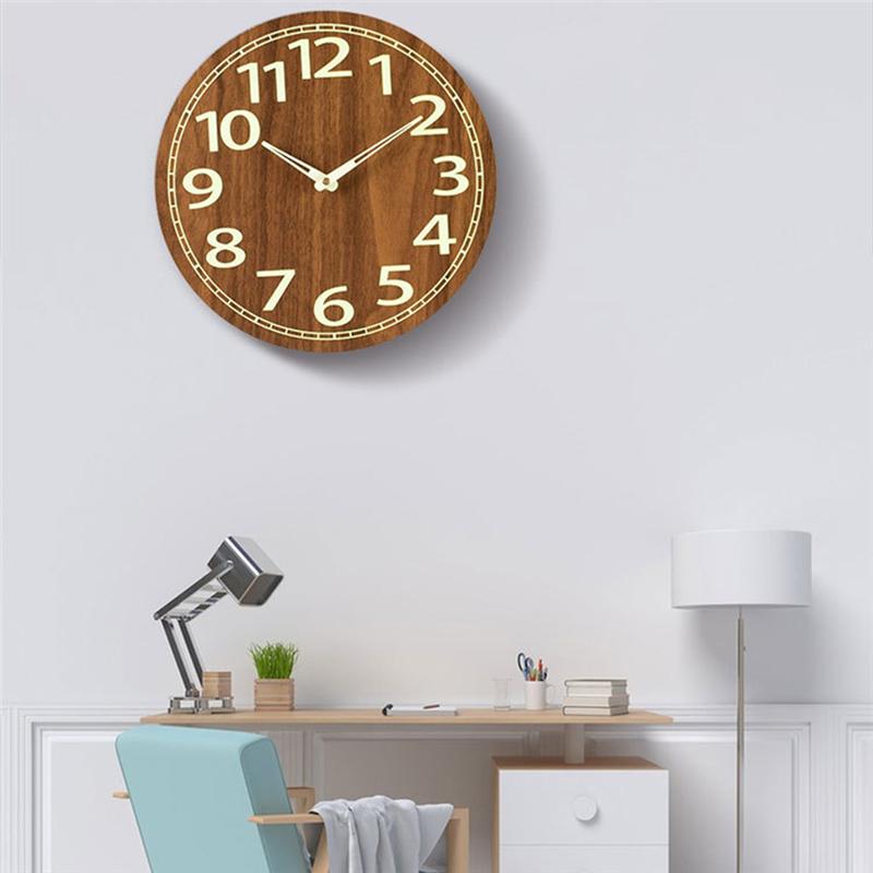 Wooden Glow In The Dark Clock, 12 Inch Silent Non-Ticking, Energy-Absorbing Luminous Wall Clock For Bedroom Living Room-A87Q