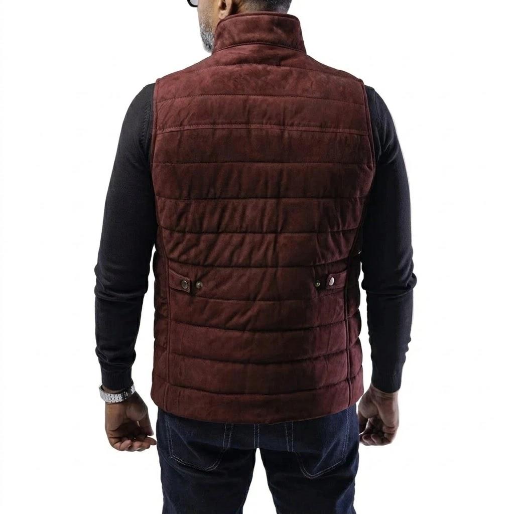 Men’s Stylish Burgundy Handmade Lambskin Leather Biker Suede Puffer Vest Coat