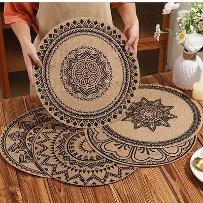8pcs Bohemian Jute Printed Woven Placemats, 15-Inch Round Black Printed Linen Table Mats, Easy To Clean, for Dining Table Decor, Christmas, Wedding