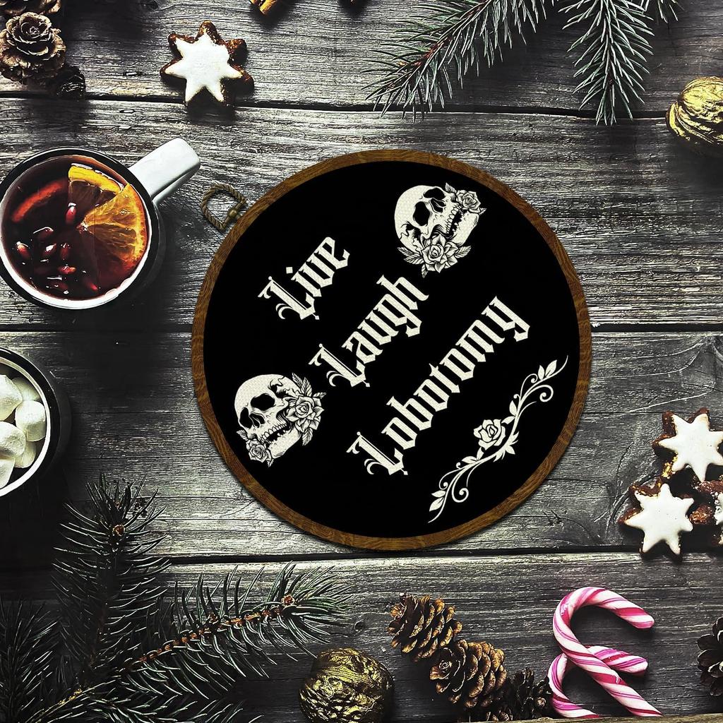 KLYTINK Gothic Skull Round Wall Art,Dark Humor-Live Laugh Lobotomy-Canvas Hanging Decor, Punk Rock Alternative Quote Sign for Bedroom, Office, Dorm