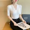 Threaded V-neck T-shirt, women's mid sleeve, slim fit and slimming, spring and summer new style, sexy and versatile temperament top JS