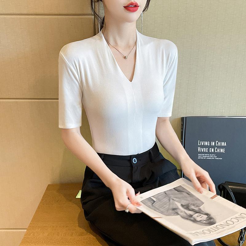 Threaded V-neck T-shirt, women's mid sleeve, slim fit and slimming, spring and summer new style, sexy and versatile temperament top JS