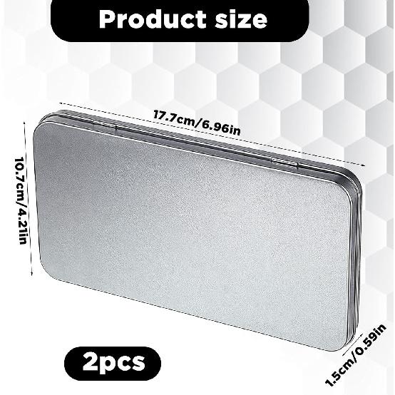 2 Pack Portable Storage Box Containers, Rectangular Metal Tin Boxes, Silver Rectangular T, Metal Tin Box with Hinged for Pen Eraser Craft Photos