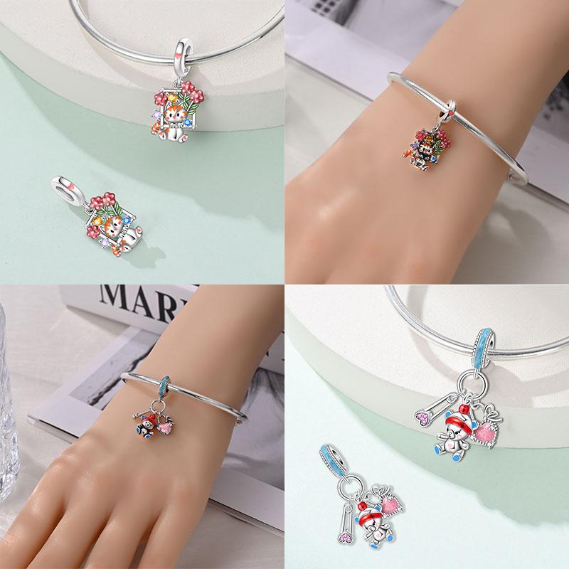 Copper Bear Series Charms Pink Heart Flowers Cat Bead Fit Original Bracelets Diy Jewelry Fine Gift For Women Daily Matching