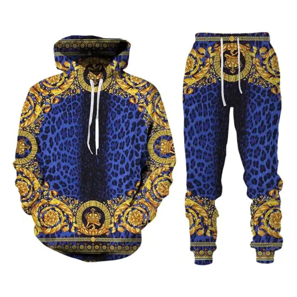 Fashion Luxury Golden Pattern Men Hoodie Sets 3D Print Sweatshirt Hooded Sweatshirt Oversize Sportswear Trousers Suit  Clothing