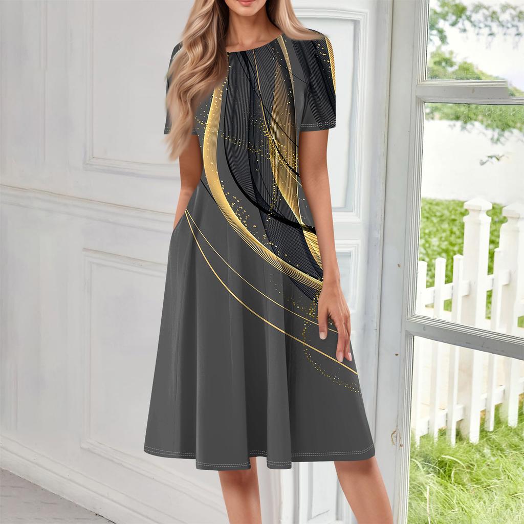 Abito lungo casual stampato da donna con scollo rotondo
