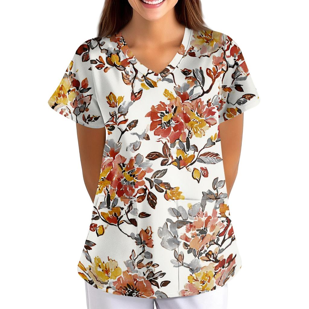 Women's Floral Print Loose Fit V Neck Short Sleeve Medical Scrub Top with Pockets for Healthcare Professionals Lightweight Breathable Fabric