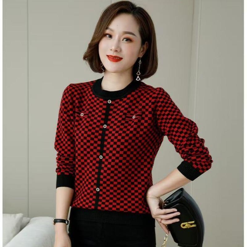 Autumn and Winter Fashionable Long-sleeved Plaid Contrast Button Cardigan Sweater Loose Bottoming Sweater Top
