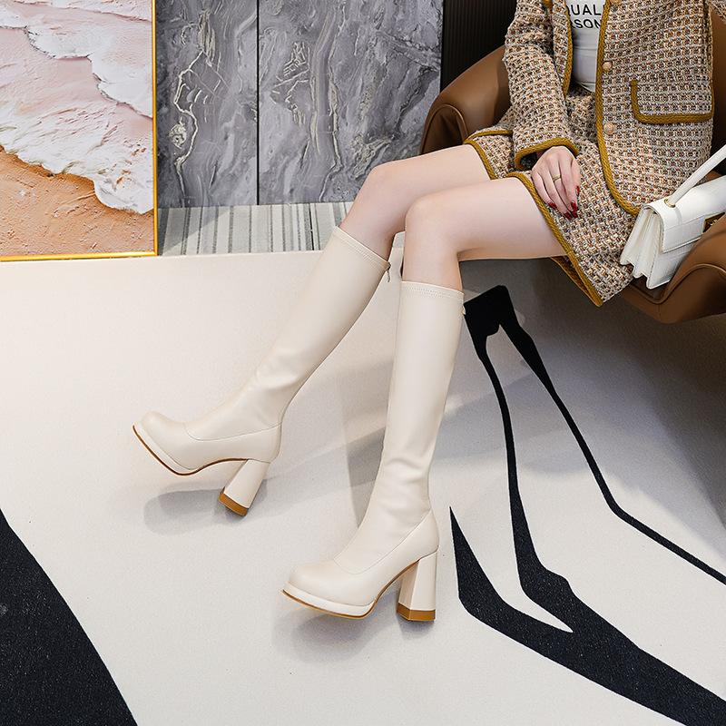 Versatile rear zipper high-heeled boots 2024 spring new square head waterproof table thick heel high knight boots women