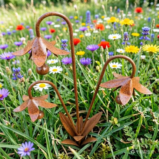 Rusty Bellflower Garden Stake Metal Three Bell Flowers Sculpture Rustic Wind Chime Plant Ornament for Yard Lawn Outdoor