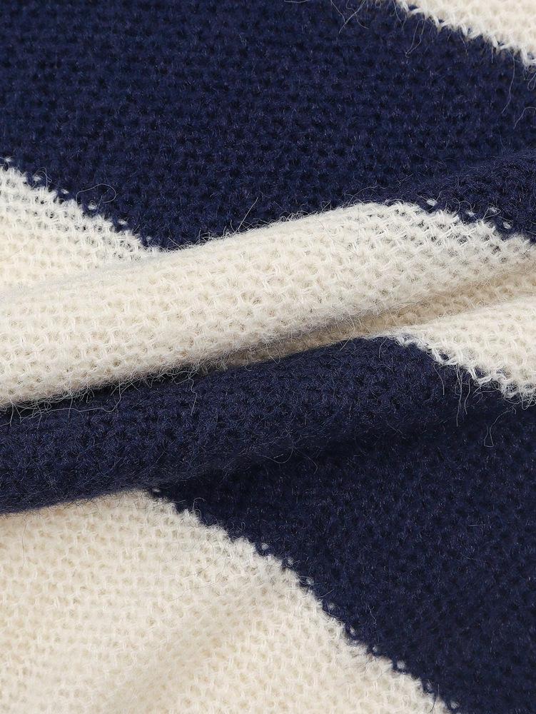 2025 Retro Color Block Striped Knit Top - Casual, Loose, Versatile, Autumn/Winter