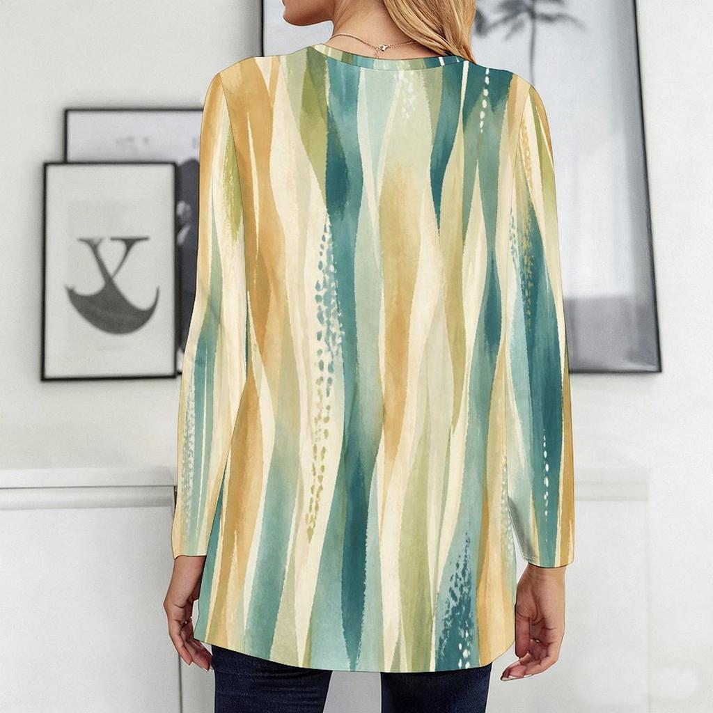 Women Plus Size Beige Brown Yellow Tie Dye Printed Round Neck Long Sleeve Loose T Shirt With Pockets