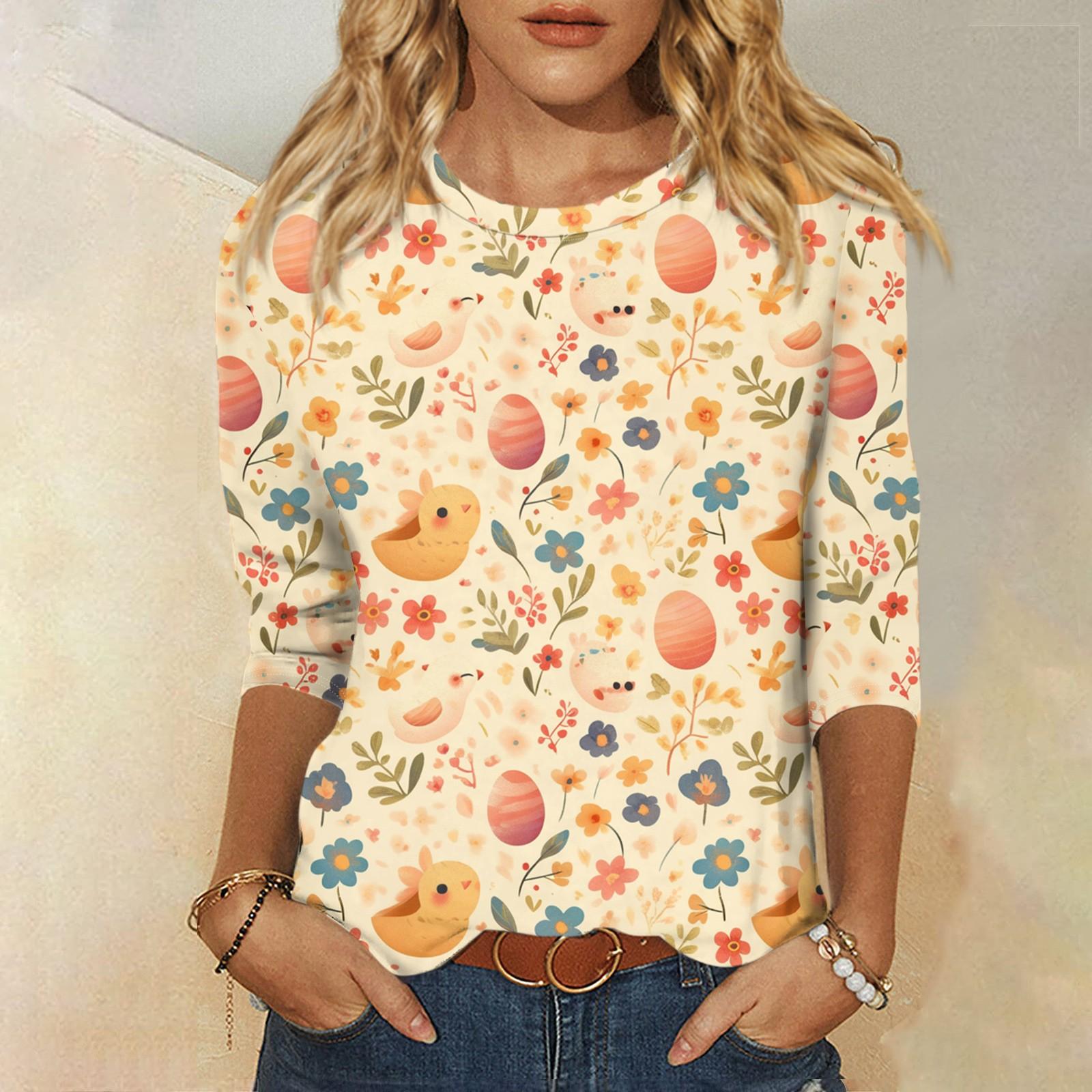 

Топы с рукавами 3/4 для женщин, футболка, повседневные топы с принтом, футболка, пуловер с круглым вырезом, блузка L бежевый