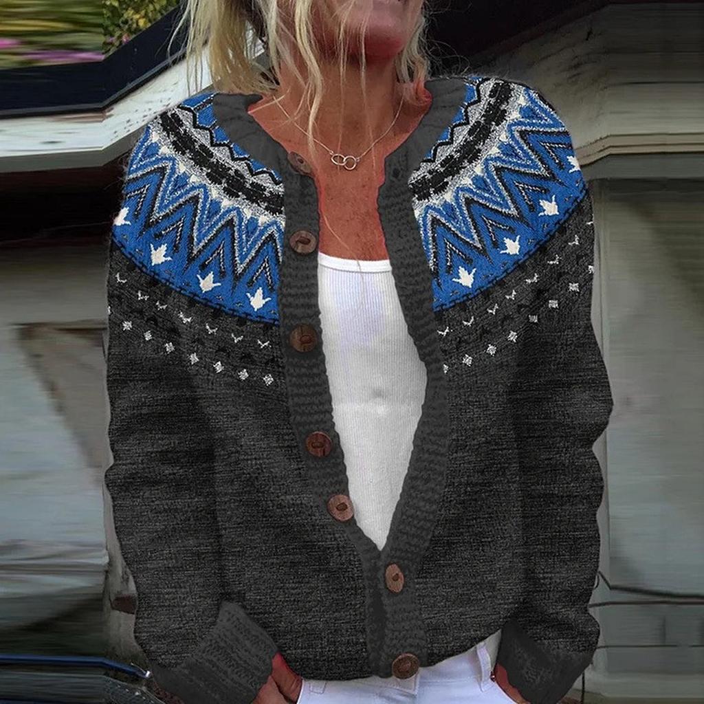 Fair Isle Strickjacken für Damen Rundhalsweite Locker Geschnitten Knopfleiste Grobstrickpullover Offen Vorne Lässige Herbst Strickjacke