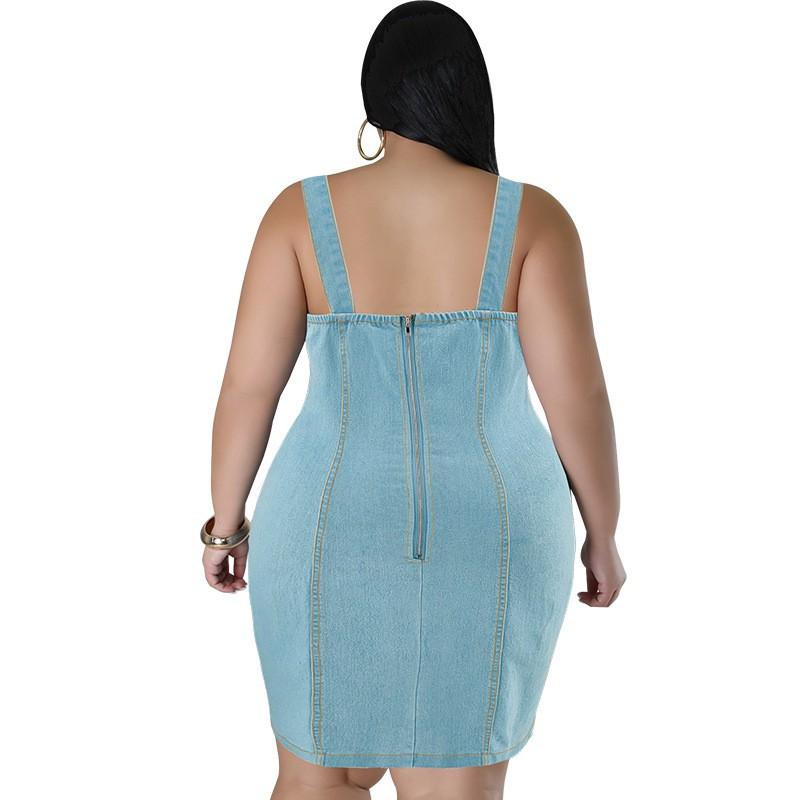 Plus Size Denim Sleeveless Mini Dress With Fringe Detail A-Line Outfit Women 1XL-5XL