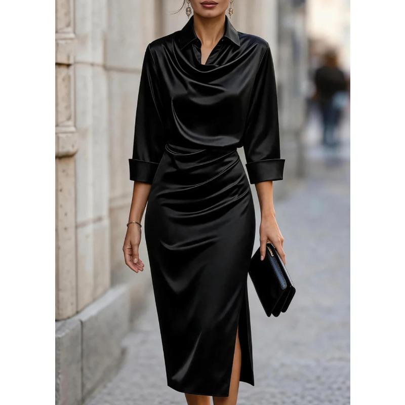 DICFY Women's Fashion Autumn Winter Solid Color Print POLO Neck Long Sleeve Casual Dresses