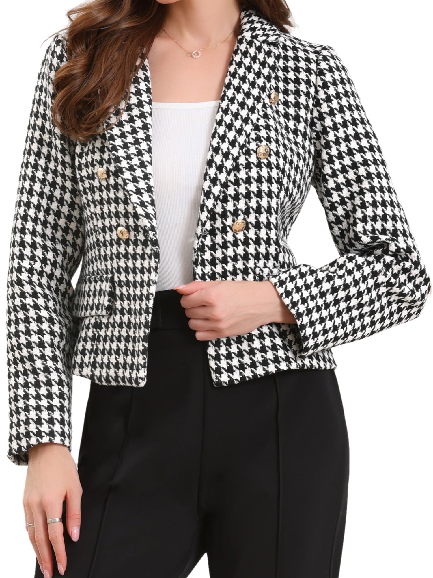 

Women s Notch Lapel Houndstooth Button Work Suit Long Sleeve Casual Blazer, Black, Size M