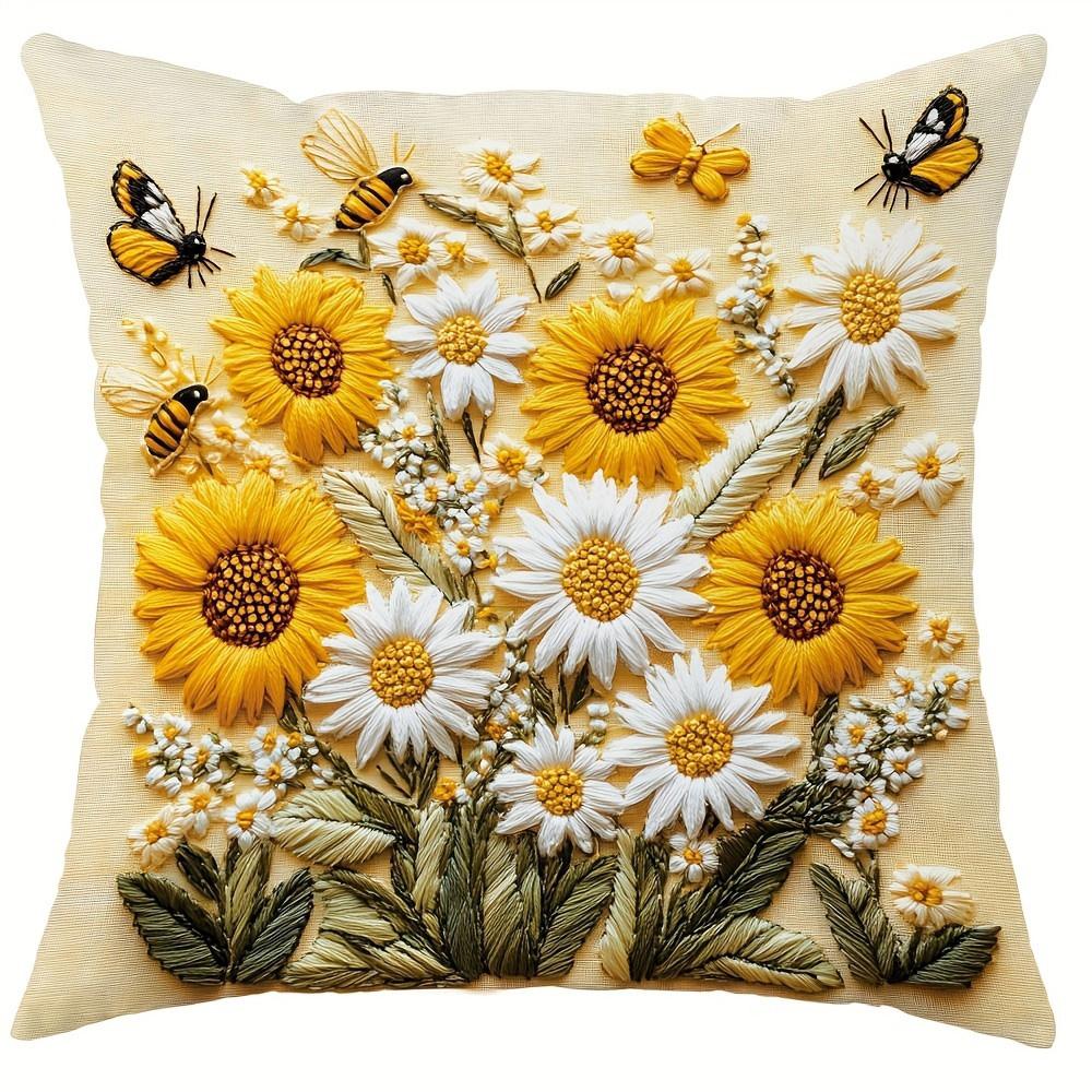 Floral Pillow Covers with Sunflowers, Daisies, Bees, and Butterflies Sofa Cushion Cover Home Room Decoration 2D Flat Printing