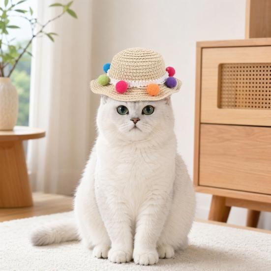 Jijijing Dog Straw Hat, Cute Flower Pet Sun Breathable Summer Wide Brim Hat for Dogs Cats Camping Hiking