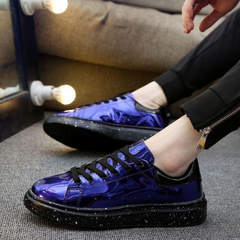 Trendy Patent Leather Glossy Men's Shoes Cold Adhesive Year Round Mirror Punk Style White Sneakers Casual Shoes