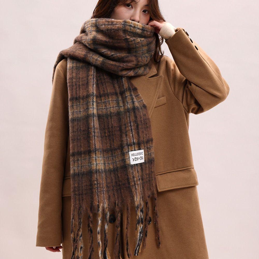 Plush Plaid Wool Scarf Mohair Long Shawl Retro Winter Cashmere Scarves  Autumn Winter