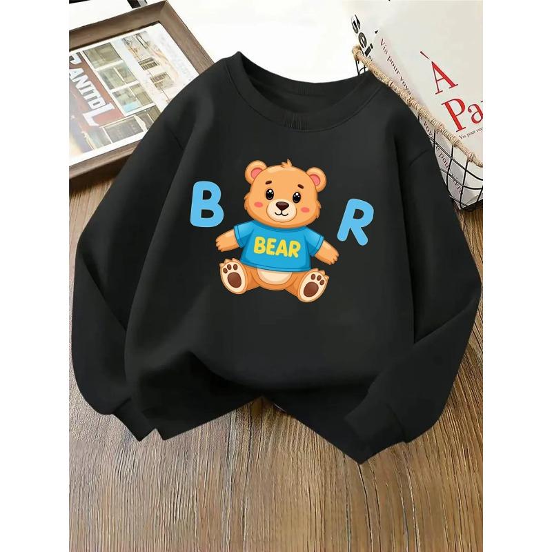 Cute Bear Wearing Blue Shirt with BEAR Text Girls' Hoodie, Round Neck Hoodie, Autumn and Winter Western Style Top